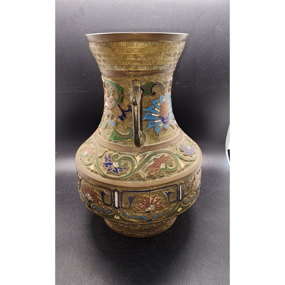 Vintage Heavy Brass Japanese Inlaid Cloisonné Missing 1 Handle Vase Made Japan - Picture 4 of 14